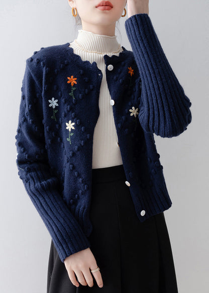 Navy Embroidered Fuzzy Ball Decorated Knit Jacket Winter