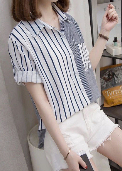 Blue Peter Pan Collar Striped Cotton Shirt Top Bracelet Sleeve