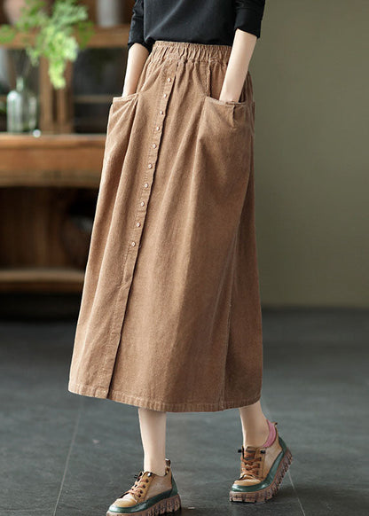 Khaki Elastic Waist Button Pockets Corduroy Skirts