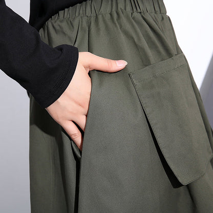 Black Cotton Oversize a Line Skirts Fine Pockets Drawstring Skir
