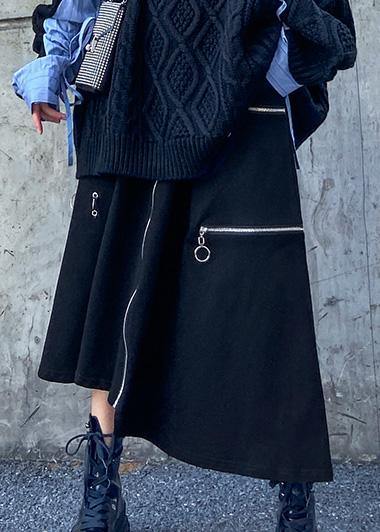 Handmade Black Cotton Quilting Clothes Asymmetric Cotton Robes Zippered Skirts