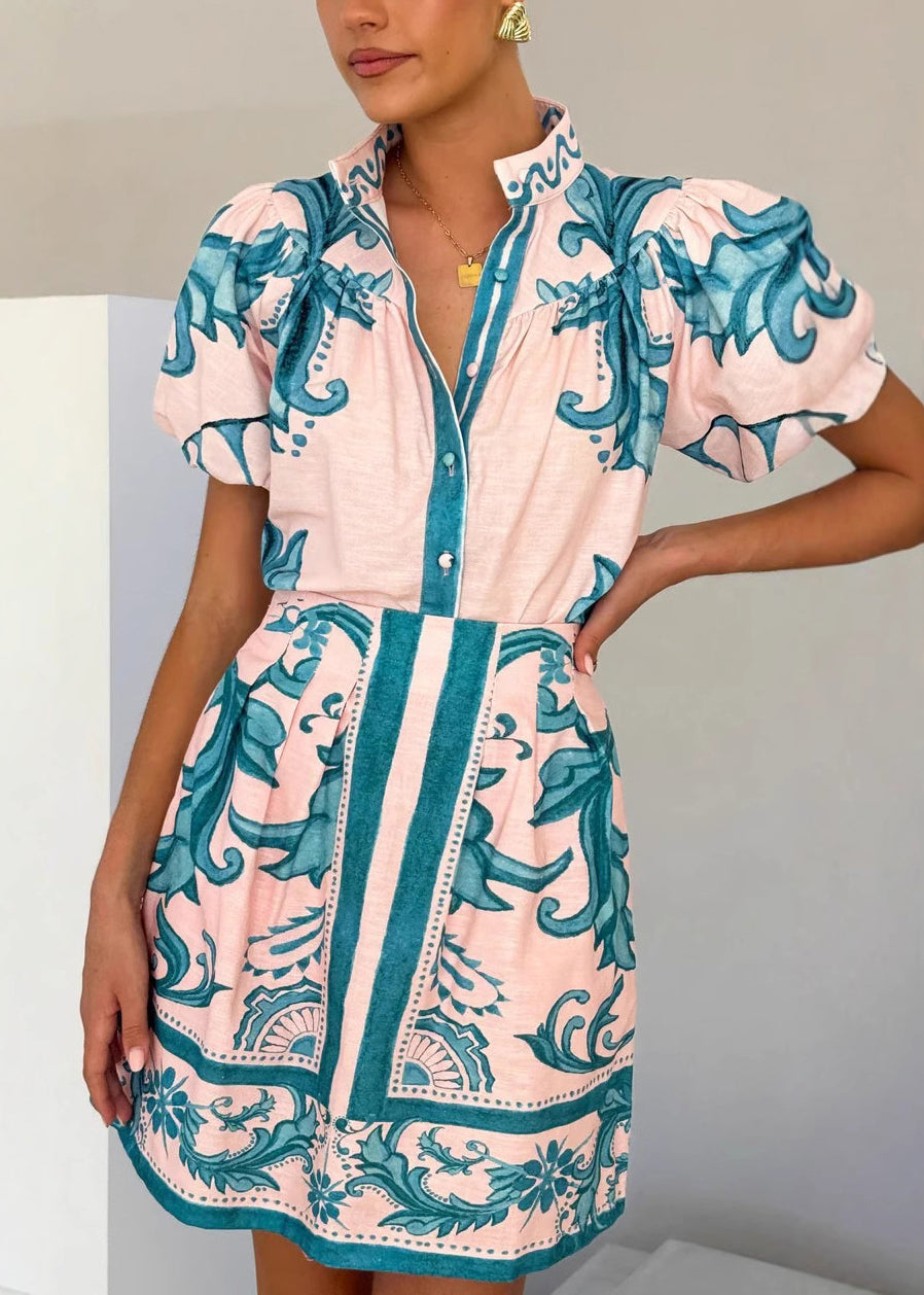 Red Stand Collar Print Shirts and Skirts Two Pieces Set Summer