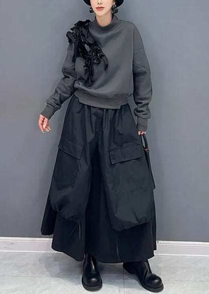 Stylish Grey Ruffled Sweatshirt and Black Skirts Cotton Two Piece Set Fall