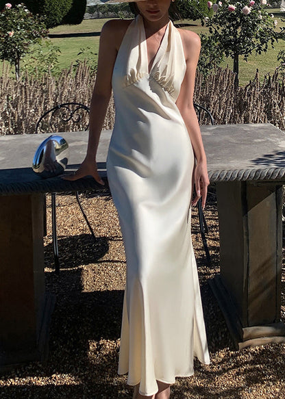 Art Beige V Neck Backless Silk Long Dresses Sleeveless