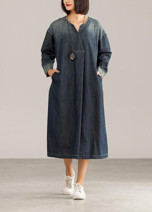 French Cotton Dresses V-neck Denim Blue Dress