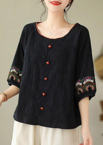 Handmade Black Embroidere Patchwork Tops Half Sleeve