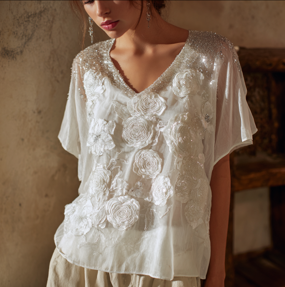 Bohemian Style Woman's V-neck White Rose Short-sleeved Shirt elevenforest