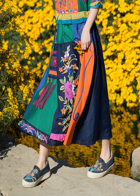 Stylish Blue Embroideried Tassel Elastic Waist Maxi Skirt Summer