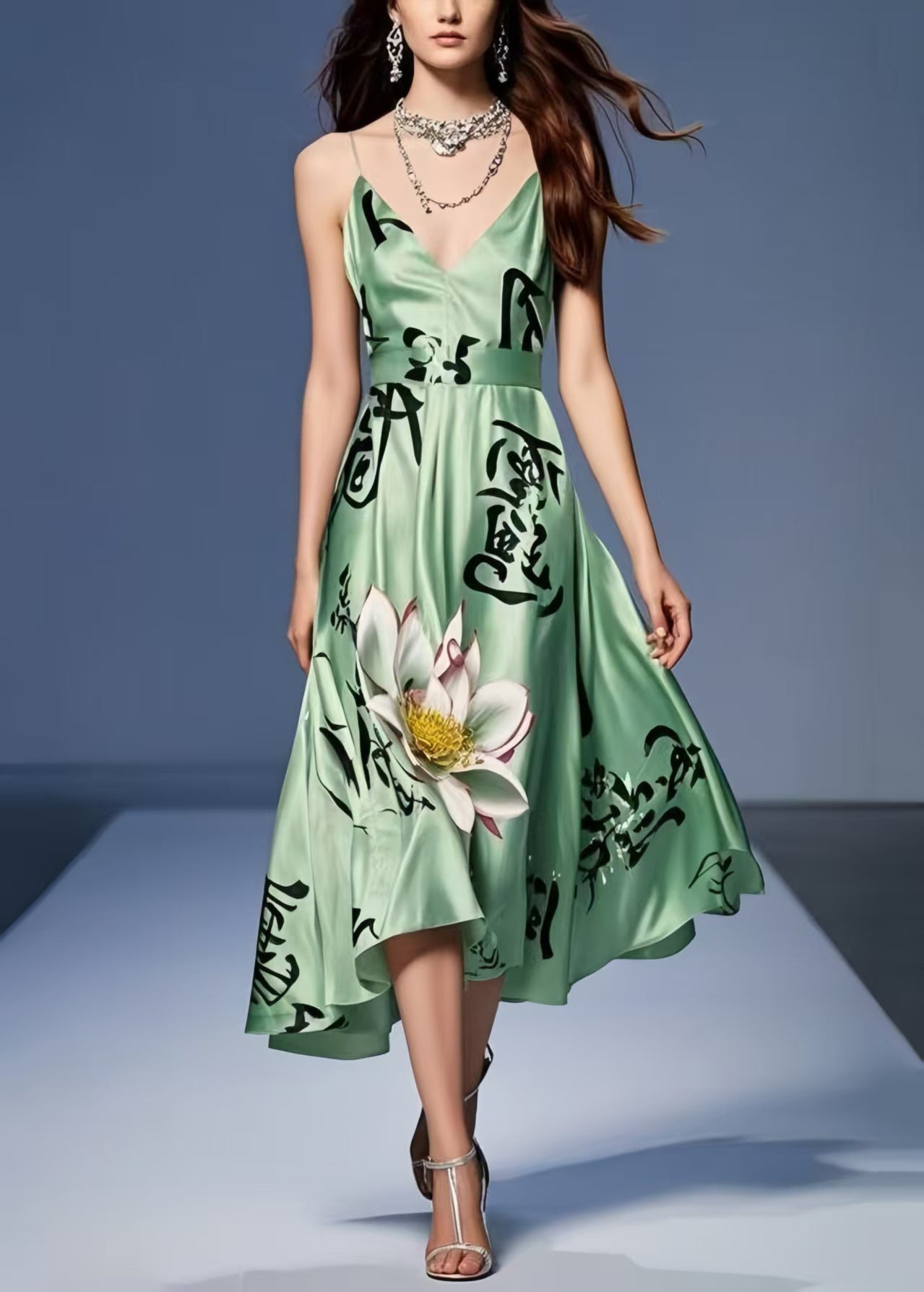 Tea Green Print Silk Spaghetti Strap Dress Summer