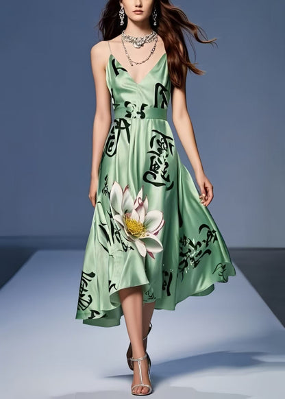 Tea Green Print Silk Spaghetti Strap Dress Summer