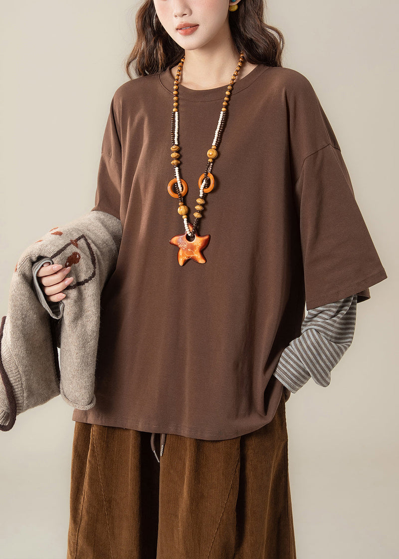 Apricot Jacquard Knit Vest and Coffee T Shirt Patchwork Two Piece Set