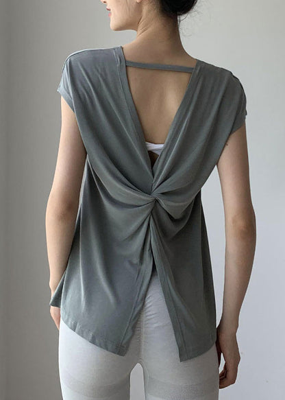Brief Blackish Green O-neck Wrinkled Short Sleeve Yoga Top