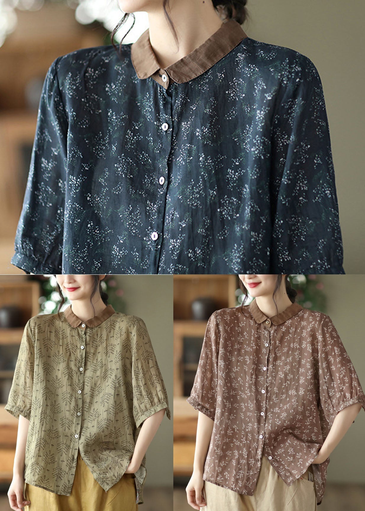 Coffee Linen Shirt Top Button Peter Pan Collar Half Sleeve
