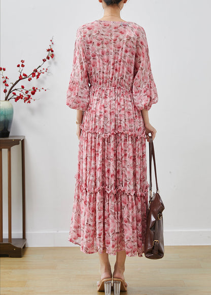 Pink Ruffled Print Chiffon Maxi Dresses Lantern Sleeve