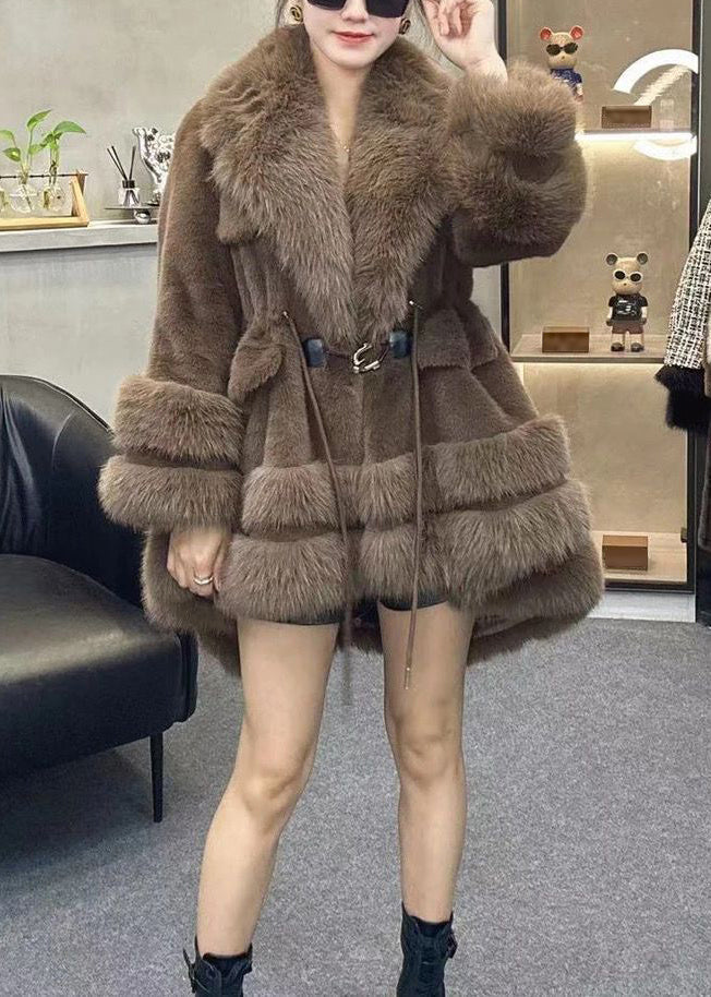 Leopard Peter Pan Collar Drawstring Patchwork Fuzzy Fur Fluffy Coats Winter