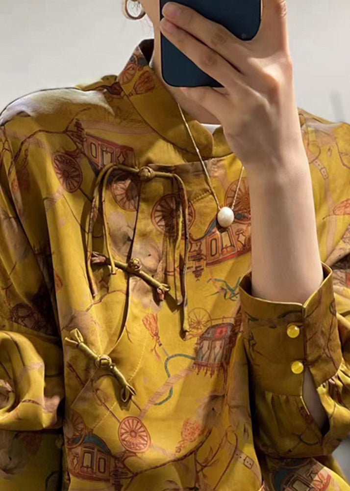 Yellow Button Print Silk Shirt Fall