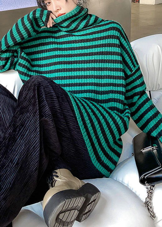 Organic Green Turtleneck Striped Cozy Fall Knit Sweater