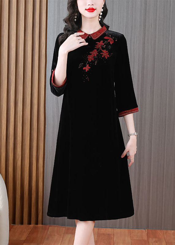 Green Peter Pan Collar Embroidered Silk Velour Long Dress Long Sleeve