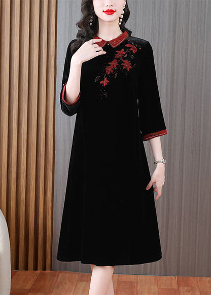 Green Peter Pan Collar Embroidered Silk Velour Long Dress Long Sleeve