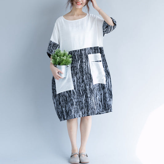 Baggy White Cotton Shift Dress Oversize Dress Patchwork O Neck Short Sleeve Cotton Dress