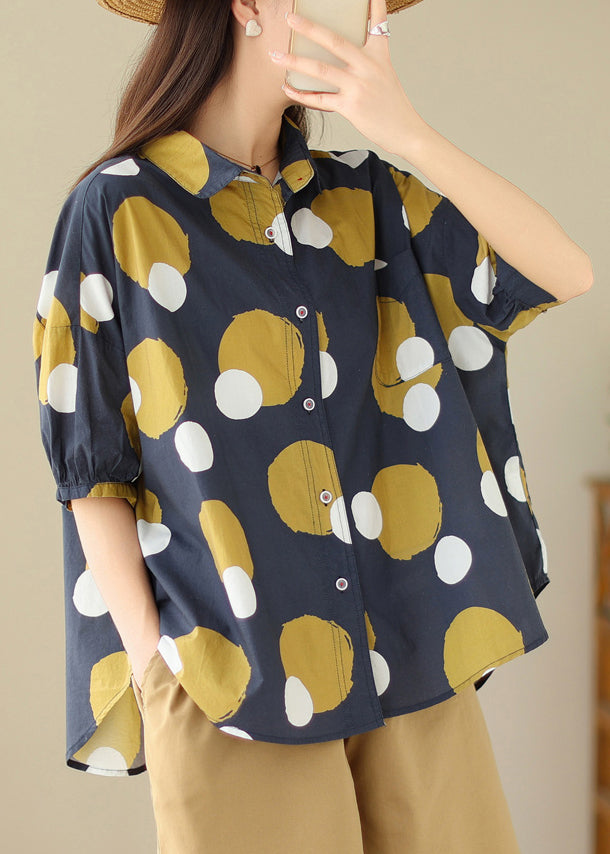 Navy Peter Pan Collar Print Cotton Shirt Tops Summer