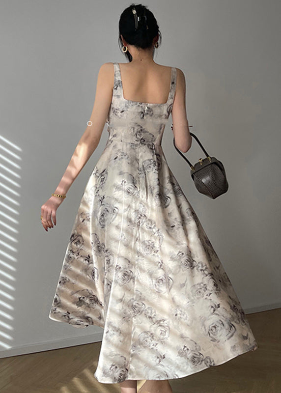 Square Collar Zippered Print Chiffon Maxi Dresses Sleeveless