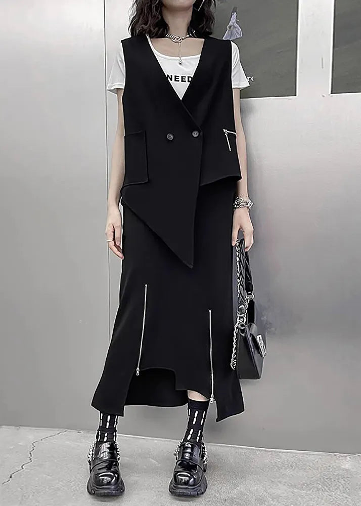 Unique Black Asymmetrical Patchwork Waistcoat and Skirts Cotton Two Pieces Set Sleeveless
