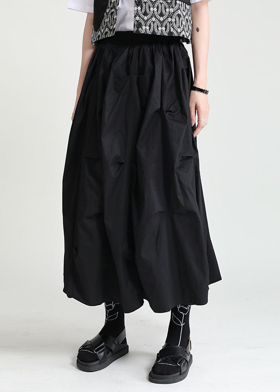 Style Black Elastic Waist Oversized Wrinkled Cotton a Line Skirts