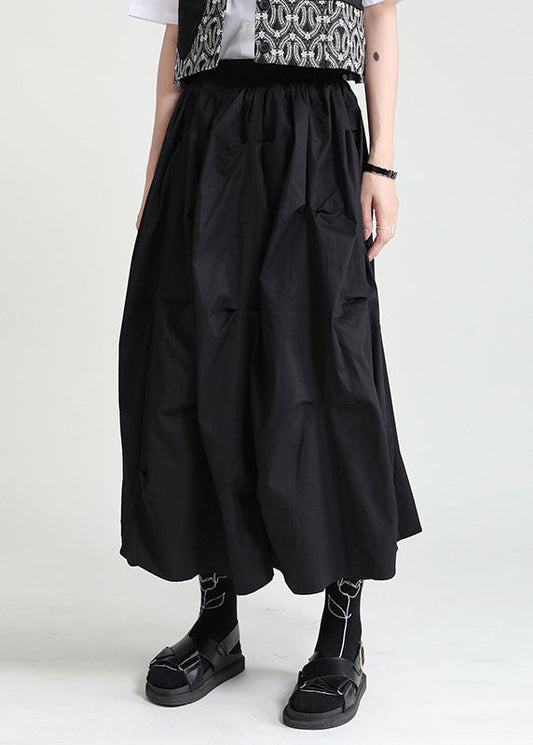 Style Black Elastic Waist Oversized Wrinkled Cotton a Line Skirts
