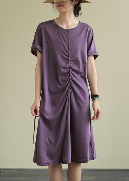 O Neck Cinched Cotton Summer Dress Sewing Blue Dresses