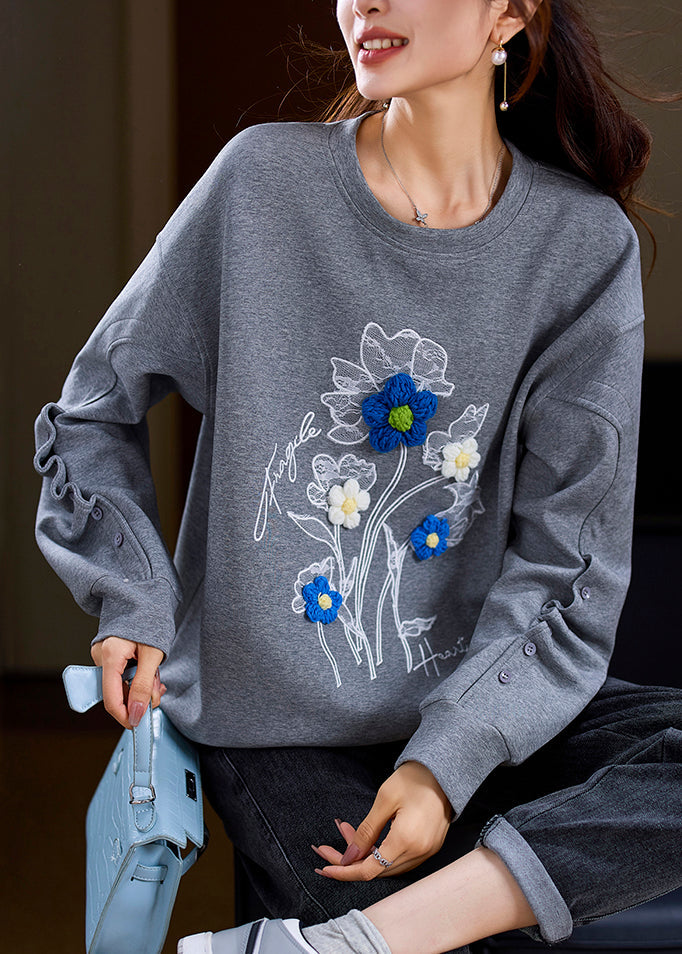 Loose Grey O Neck Patchwork Cotton Sweatshirt Spring