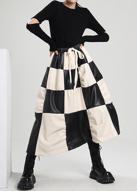Unique Cinched Plaid Wrinkled Faux Leather Skirt Spring