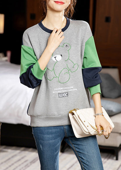 Grey O-neck Embroidered Patchwork Cotton Sweatshirt Long Sleeve