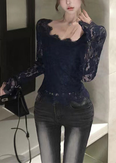 Black Hollow Out Lace Eyelash Tops Spring