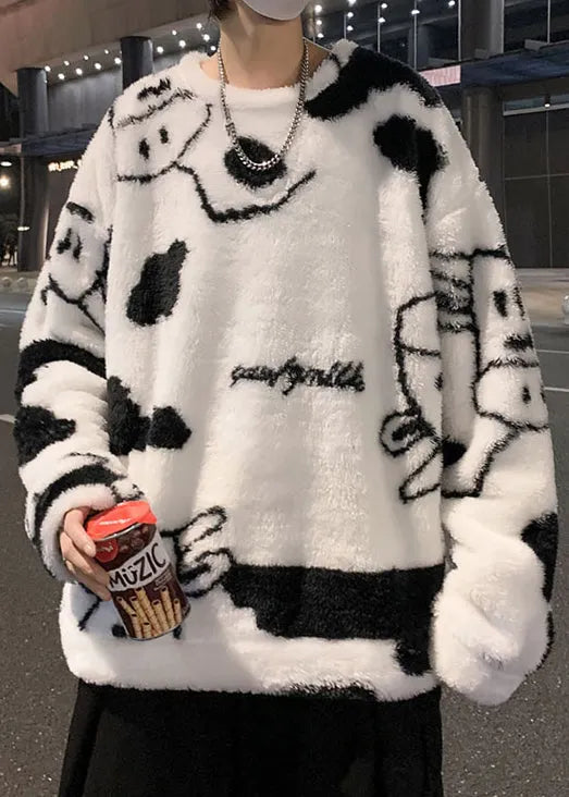 New White O Neck Cartoon Fluffy Sweatshirt Pajamas Winter