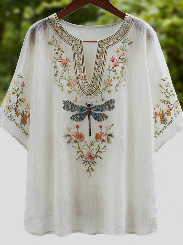 Vintage Cotton And Linen Dragonfly And Flower Pattern White V-neck Short-sleeved T-shirt elevenforest