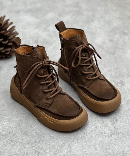 Coffee Cowhide Leather Boots Zippered Lace Up Mountaineering Boots