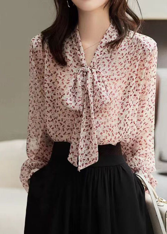 Red Bow Print Silk Tops Long Sleeve