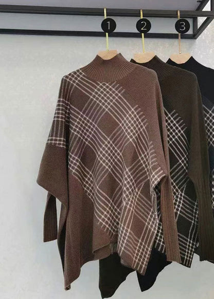 Coffee Green Warm Plaid Knitted Tops Asymmetrical Design Batwing Sleeve