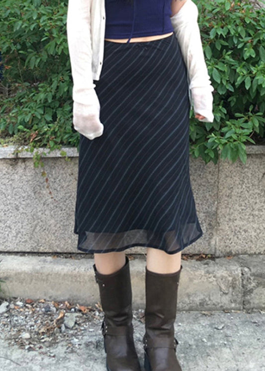 Navy Striped High Waist Patchwork Chiffon Skirt Summer