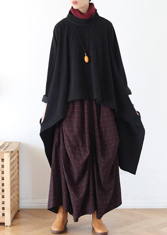 Black Knit Blouse Asymmetric Hem Oversize High Neck Knit Tops