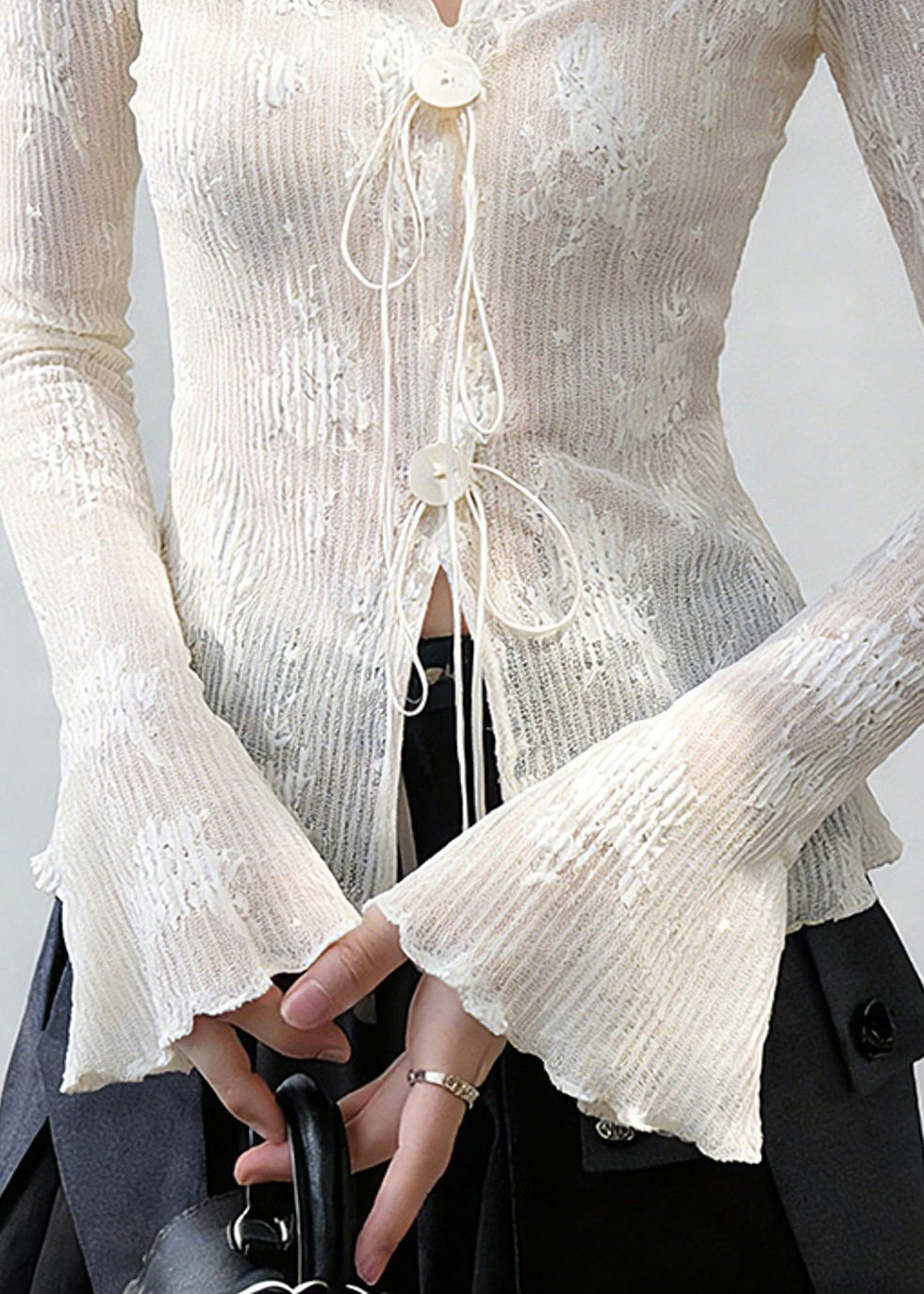 Slim Fit White Embroidered Lace Up Thin Shirts Flare Sleeve