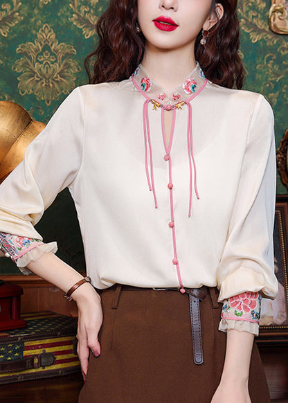 Black Embroidered Tulle Patchwork Hollow Out Chiffon Tops Long Sleeve