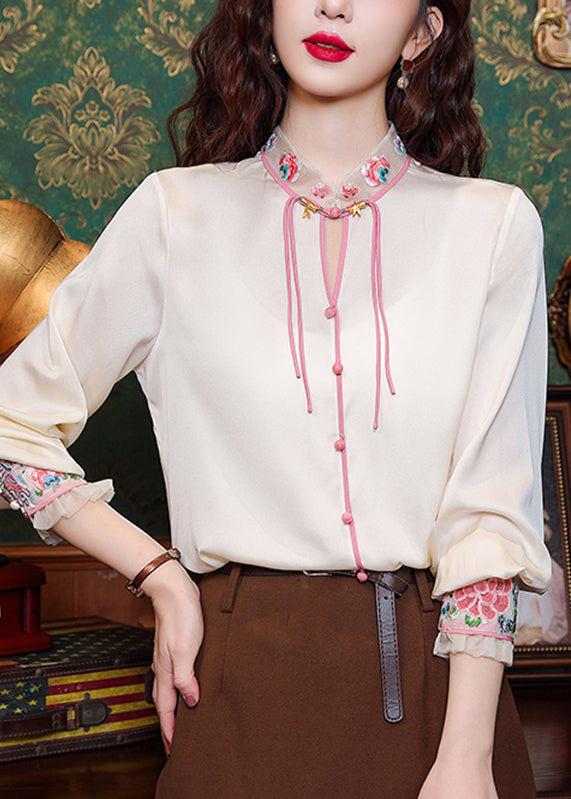 Black Embroidered Tulle Patchwork Hollow Out Chiffon Tops Long Sleeve