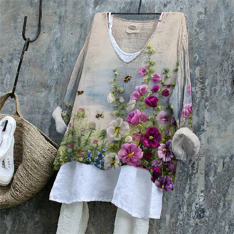 Comstylish Women's Floral Embroidered Linen Blend Vintage Shirt