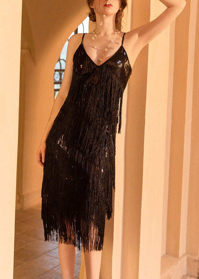 Black Tasseled Sequins Spaghetti Strap Dress Summer