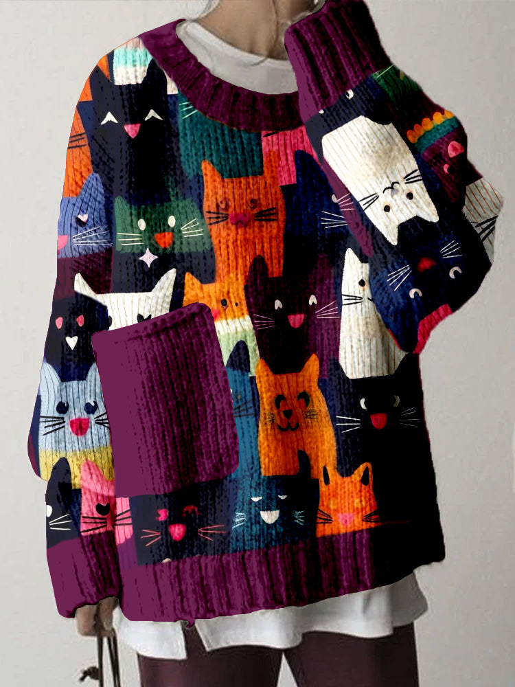Cute Cats Graphic Big Pocket Cozy Sweater elevenforest