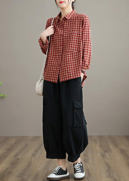 Loose Lapel Patchwork Spring Blouse Sleeve Red Plaid Top