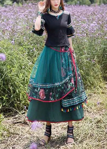 Green O-neck Top and Skirts Tulle Two Piece Set Summer