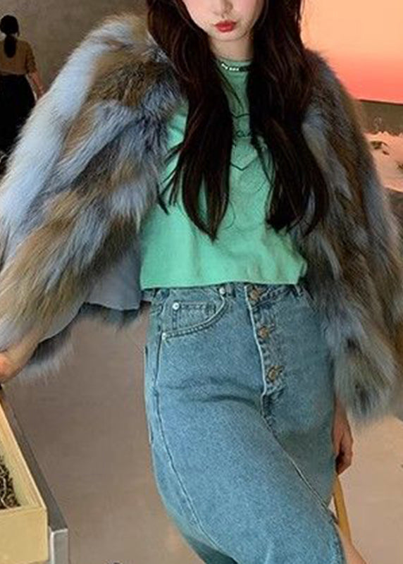 Blue Fox Collar Leather and Fur Coats Winter